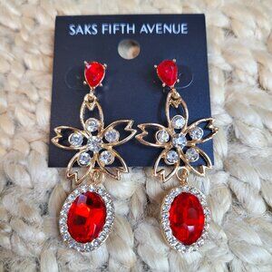 Saks Fifth Avenue Red & Gold With Rhinestones Dangle Drop Flower Earrings